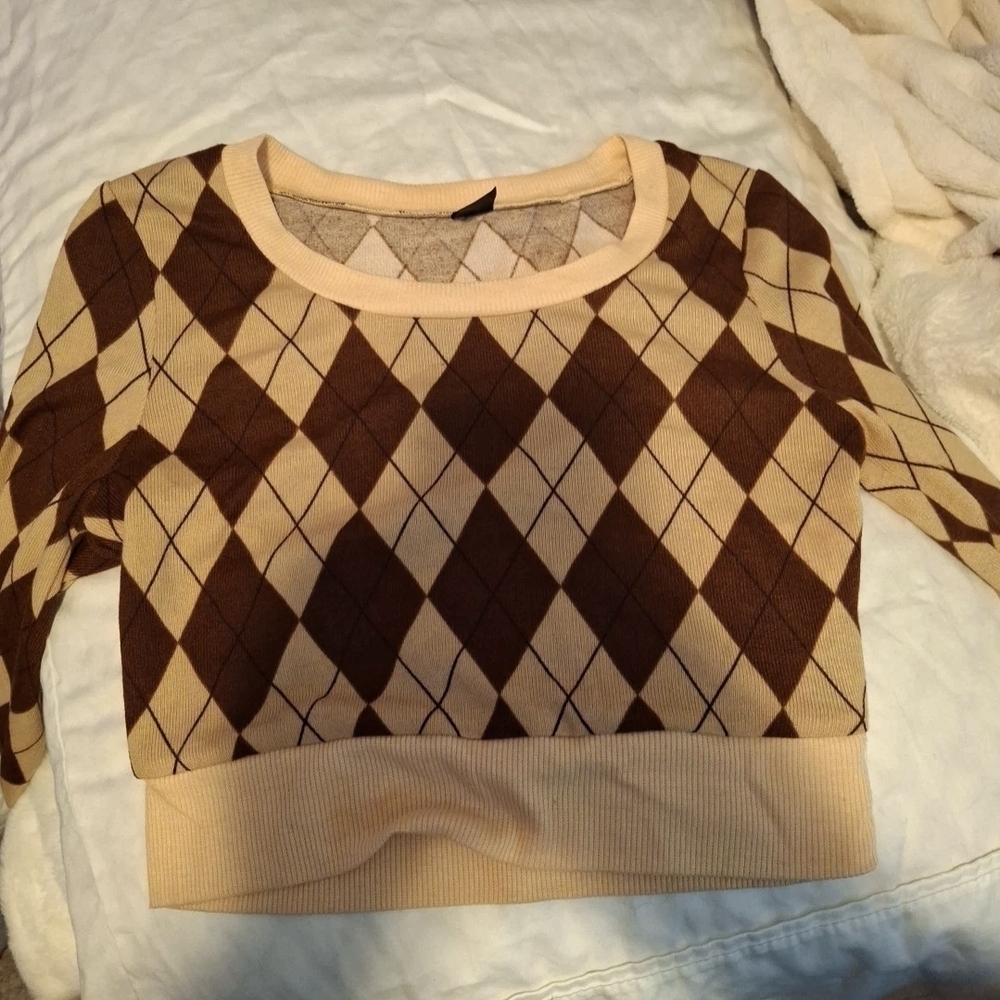 Cropped Argyle Crewneck Sweater in Beige and Brown